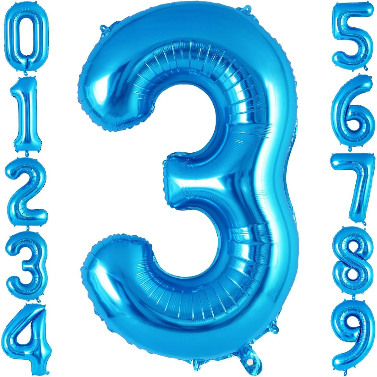 Balon Aniversar Cifra 3, Figurina din Folie Metalizata, Umflare Aer sau Heliu, include Pai, Albastru, 40 cm