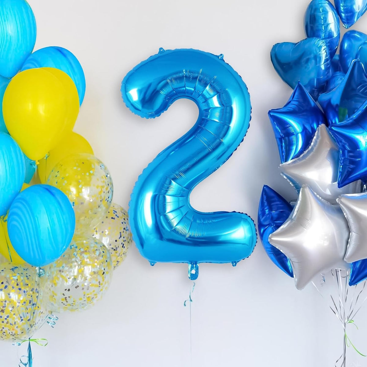 Balon Aniversar Cifra 2, Figurina din Folie Metalizata, Umflare Aer sau Heliu, Include Pai, Albastru, 40 cm