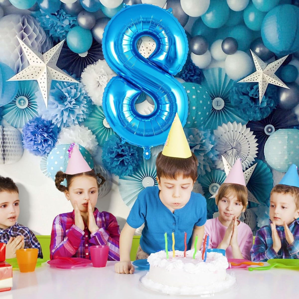 Balon Aniversar Cifra 8 din Folie Metalizata, Figurina pentru Petrecere, Umflare Aer sau Heliu, Include Pai, 40 cm, Albastru