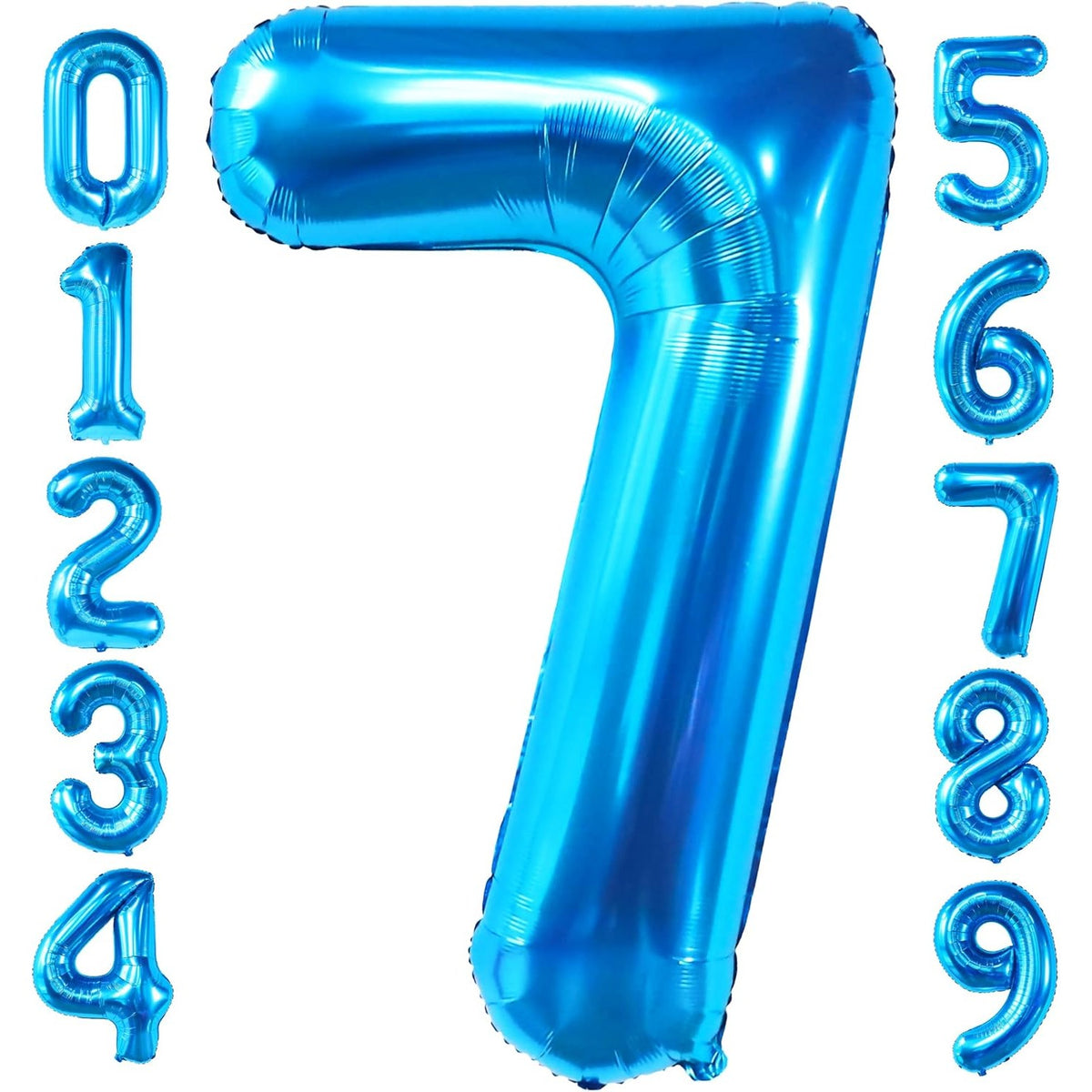 Balon Aniversar Cifra 7, Figurina din Folie Metalizata, Umflare cu Aer sau Heliu, include Pai, Albastru, 40 cm