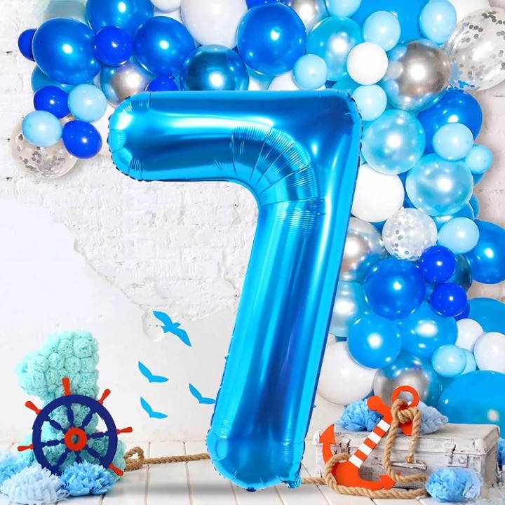 Balon Aniversar Cifra 7, Figurina din Folie Metalizata, Umflare cu Aer sau Heliu, include Pai, Albastru, 40 cm