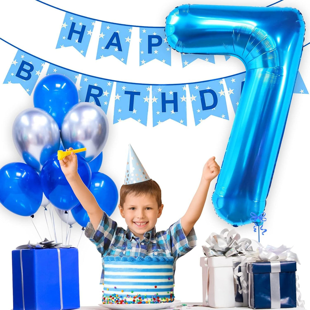 Balon Aniversar Cifra 7, Figurina din Folie Metalizata, Umflare cu Aer sau Heliu, include Pai, Albastru, 40 cm