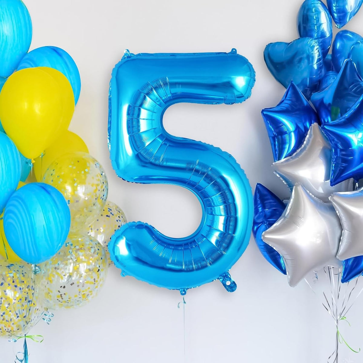 Balon Aniversar Cifra 5, Balon din Folie Metalizata pentru Petrecere, cu Pai Inclus, Albastru, 40 cm