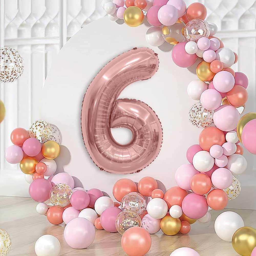 Balon Aniversar Cifra 6, Figurina din Folie Metalizata, Umflare cu Aer sau Heliu, Set cu Pai Inclus, 80 cm, Rose Gold
