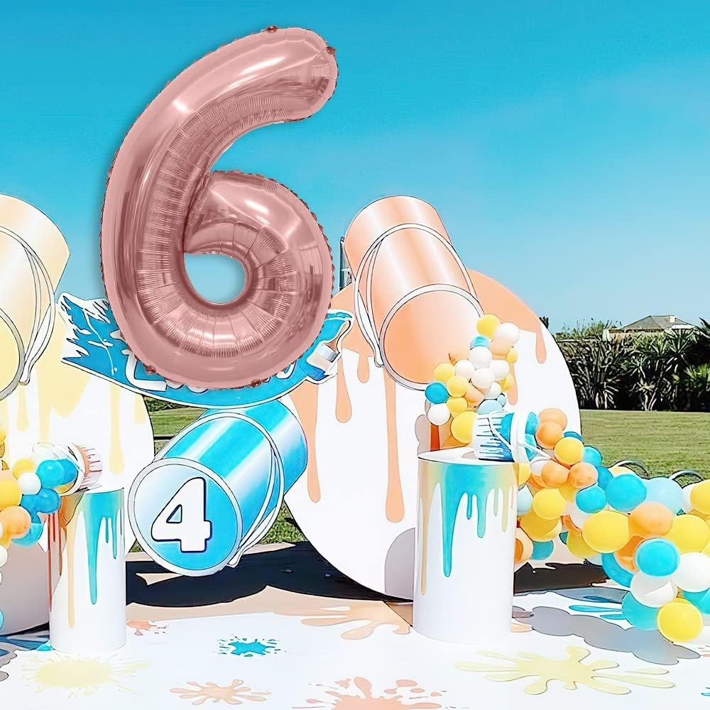 Balon Aniversar Cifra 6, Figurina din Folie Metalizata, Umflare cu Aer sau Heliu, Set cu Pai Inclus, 80 cm, Rose Gold