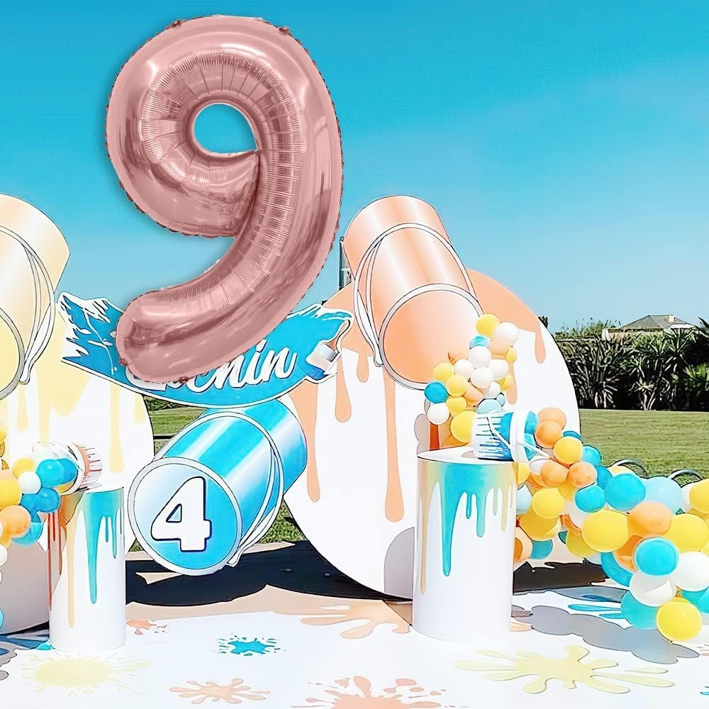 Balon Aniversar Cifra 9, Figurina din Folie Metalizata, Umflare cu Aer sau Heliu, Inclus Pai pentru Umflare, 80 cm, Rose Gold
