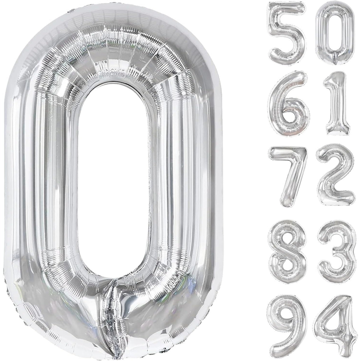 Balon Aniversar Cifra 0, Figurina din Folie Metalizata, Umflare Aer sau Heliu, Inaltime 80 cm, Pai Inclus, Argintiu