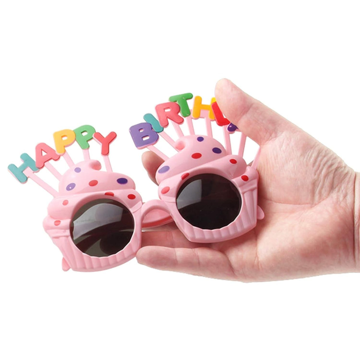 Ochelari Happy Birthday pentru Petrecere Aniversara, Protectie UV, Model Prajitura, Material Plastic, 18.5x11.5 cm, Roz