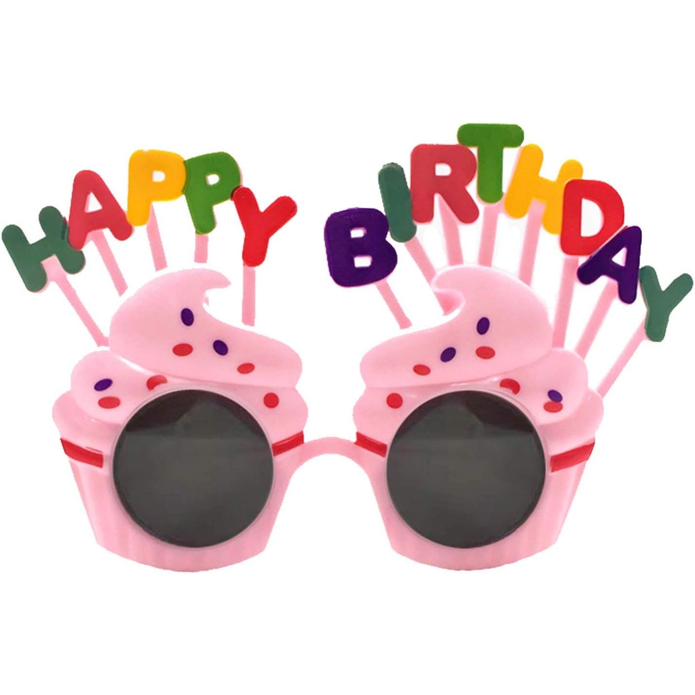 Ochelari Happy Birthday pentru Petrecere Aniversara, Protectie UV, Model Prajitura, Material Plastic, 18.5x11.5 cm, Roz