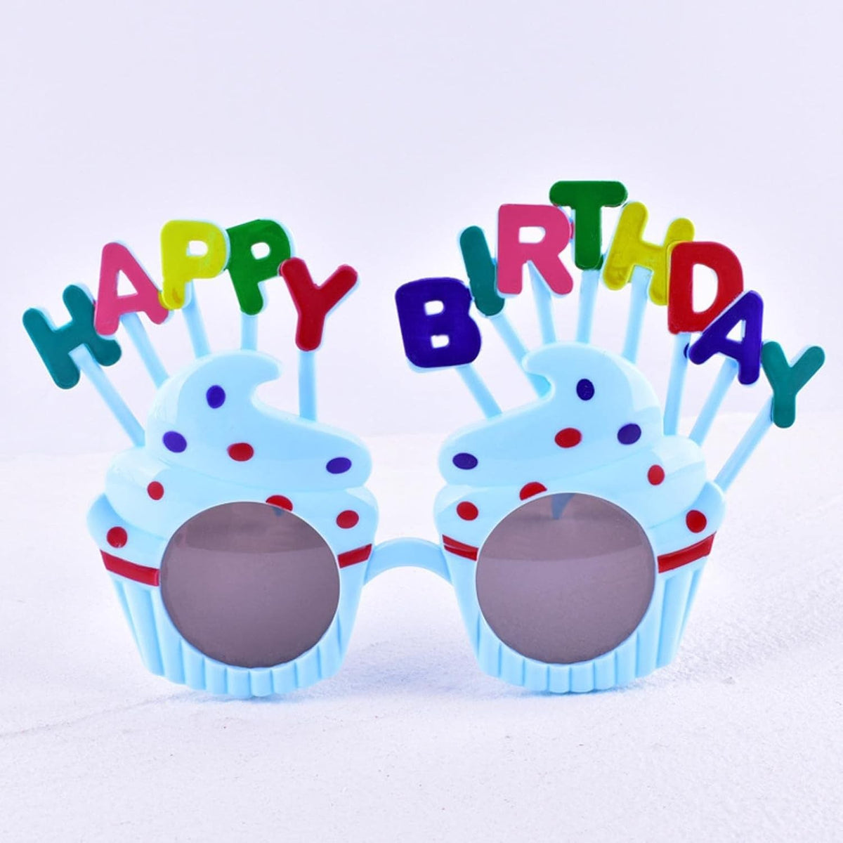 Ochelari Happy Birthday, Accesorii Aniversare cu Model Prajiturele, Protectie UV, Plastic, 18.5x11.5 cm, Albastru
