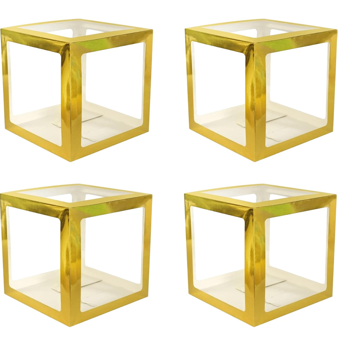 Set 4 Cutii Pentru Baloane, Cuburi Decorative Transparente Cu Contur Auriu, Accesorii Decor Petrecere Si Aniversare, Carton Si Plastic, 30 x 30 cm