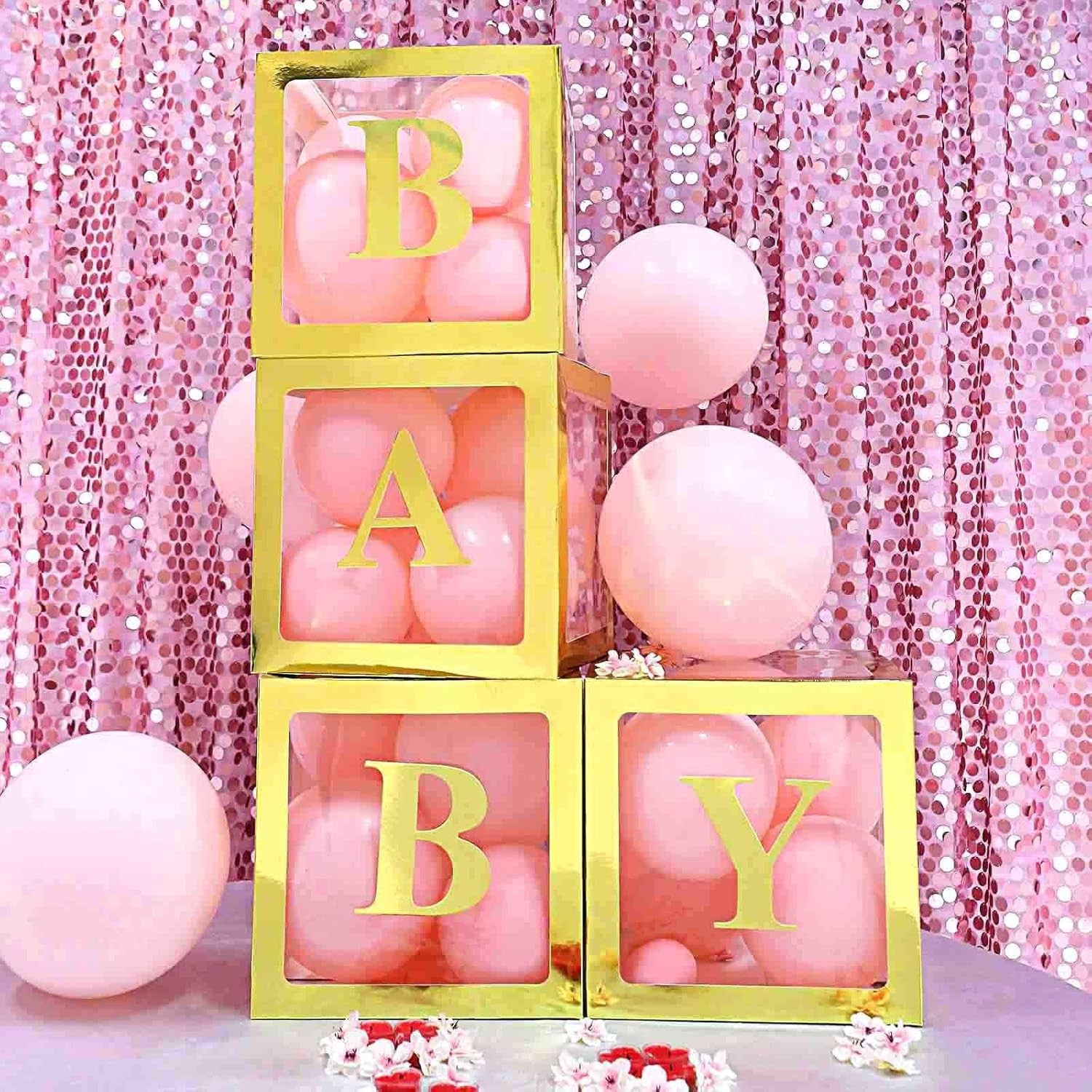 Set 4 Cutii Pentru Baloane, Cuburi Decorative Transparente Cu Contur Auriu, Accesorii Decor Petrecere Si Aniversare, Carton Si Plastic, 30 x 30 cm