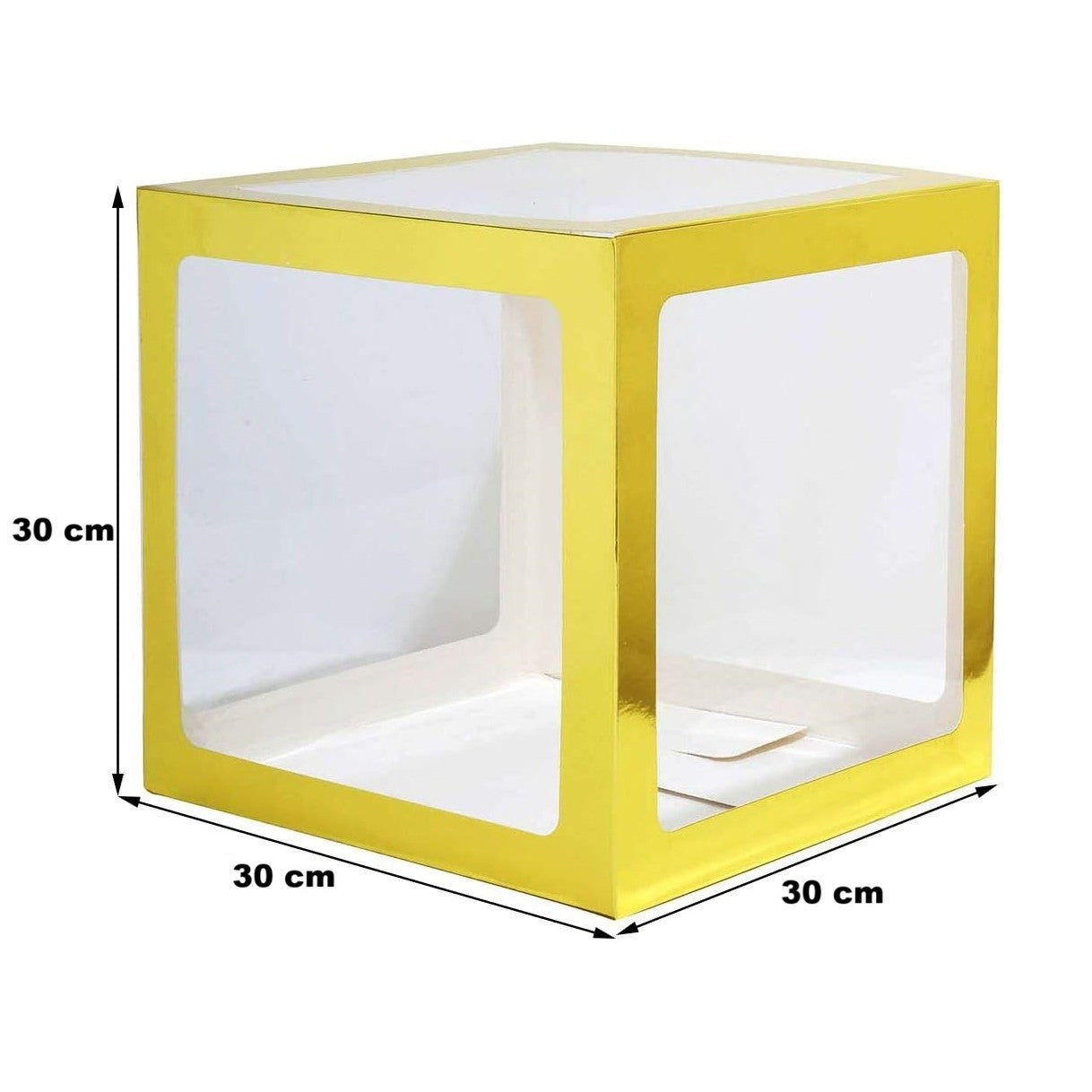 Set 4 Cutii Pentru Baloane, Cuburi Decorative Transparente Cu Contur Auriu, Accesorii Decor Petrecere Si Aniversare, Carton Si Plastic, 30 x 30 cm