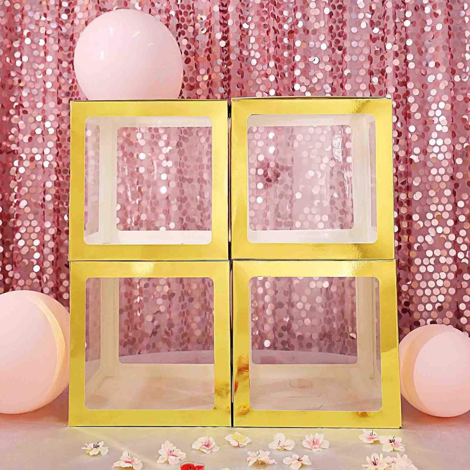 Set 4 Cutii Pentru Baloane, Cuburi Decorative Transparente Cu Contur Auriu, Accesorii Decor Petrecere Si Aniversare, Carton Si Plastic, 30 x 30 cm