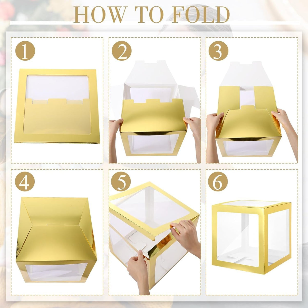 Set 4 Cutii Pentru Baloane, Cuburi Decorative Transparente Cu Contur Auriu, Accesorii Decor Petrecere Si Aniversare, Carton Si Plastic, 30 x 30 cm