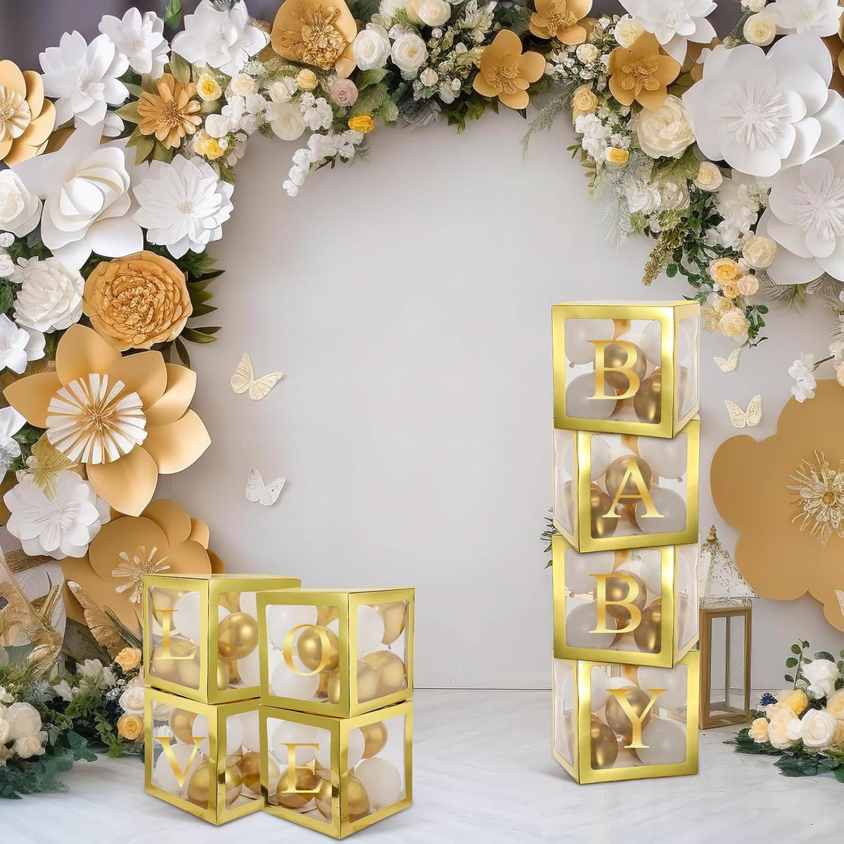 Set 4 Cutii Pentru Baloane, Cuburi Decorative Transparente Cu Contur Auriu, Accesorii Decor Petrecere Si Aniversare, Carton Si Plastic, 30 x 30 cm