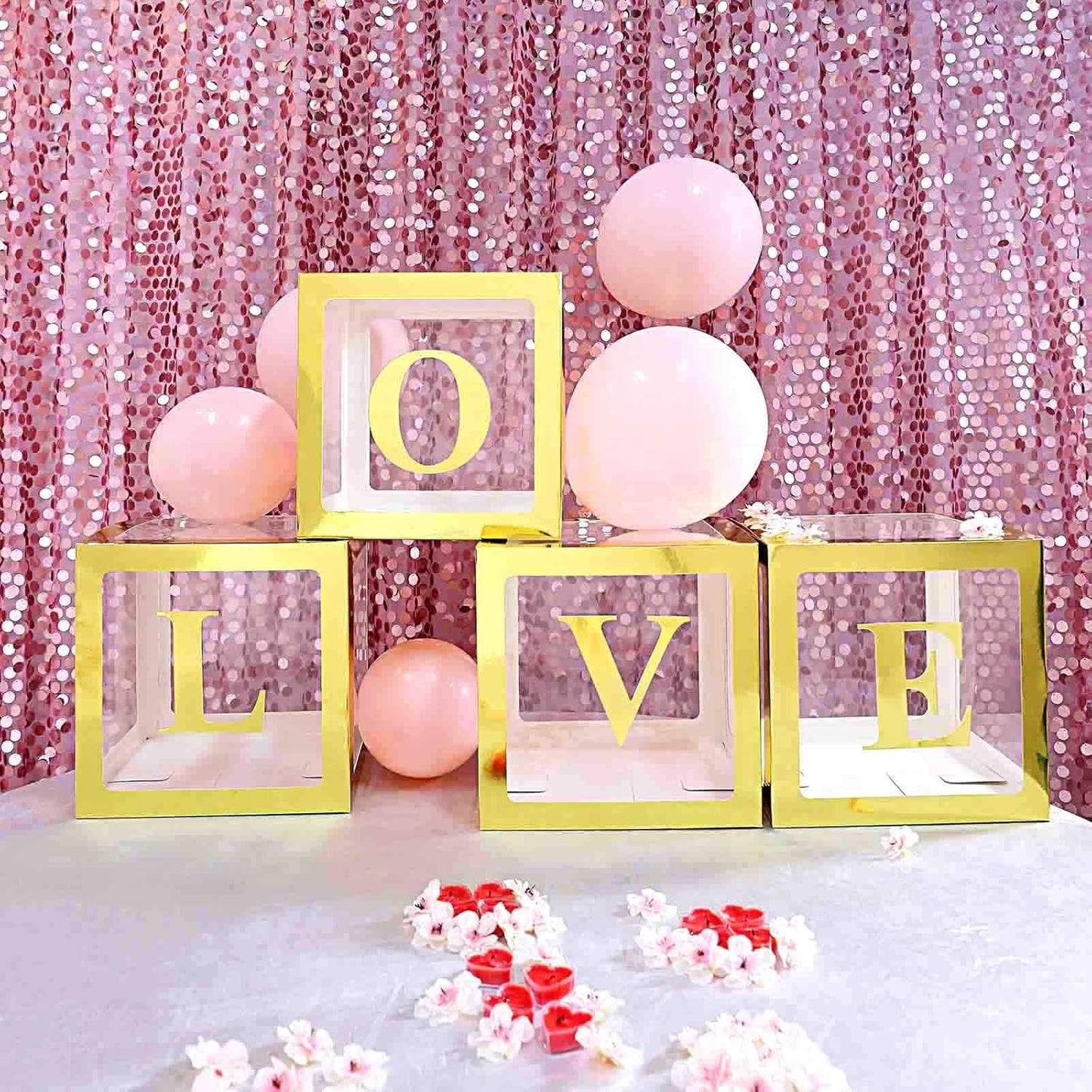 Set 4 Cutii Pentru Baloane, Cuburi Decorative Transparente Cu Contur Auriu, Accesorii Decor Petrecere Si Aniversare, Carton Si Plastic, 30 x 30 cm