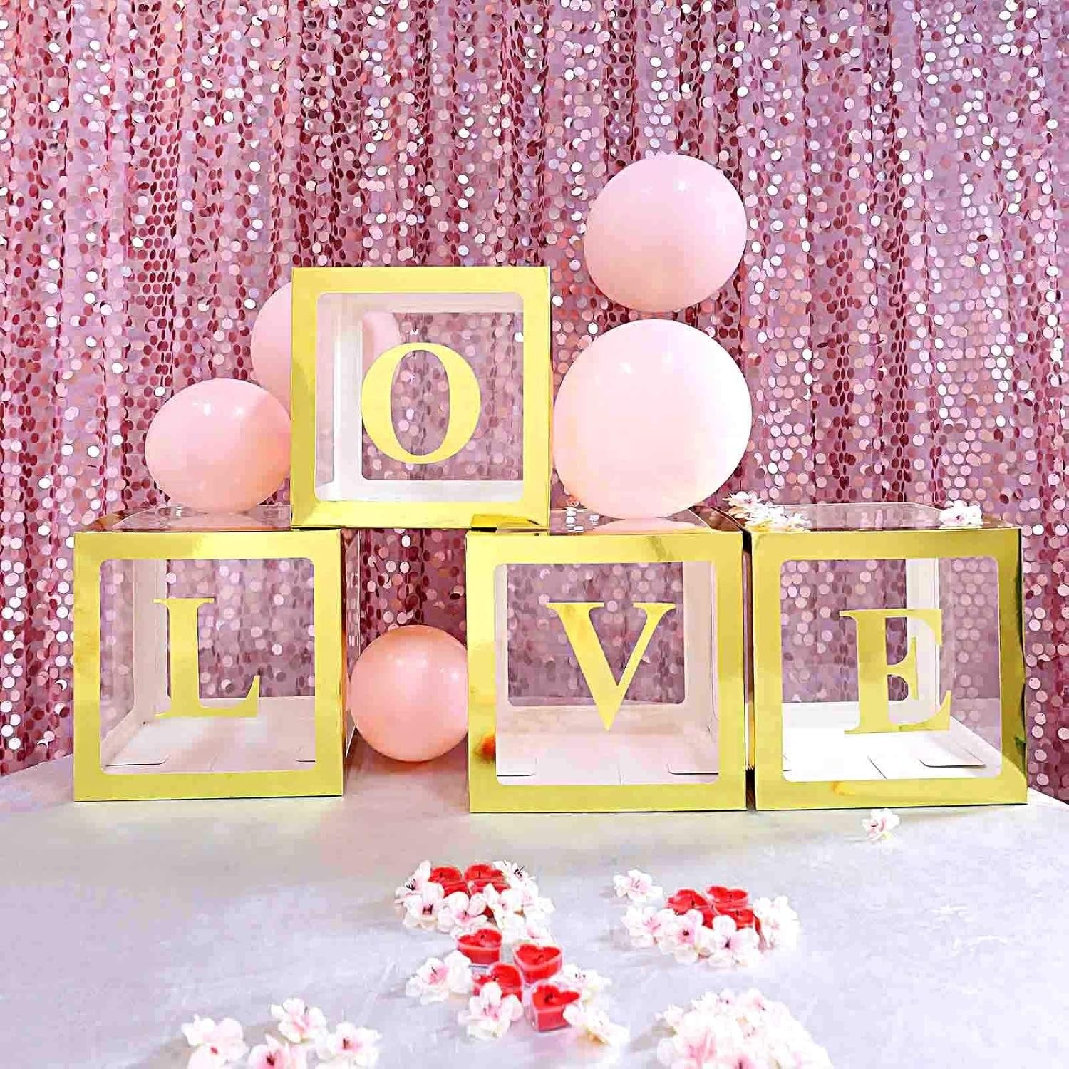 Set 4 Cutii Pentru Baloane, Cuburi Decorative Transparente Cu Contur Auriu, Accesorii Decor Petrecere Si Aniversare, Carton Si Plastic, 30 x 30 cm