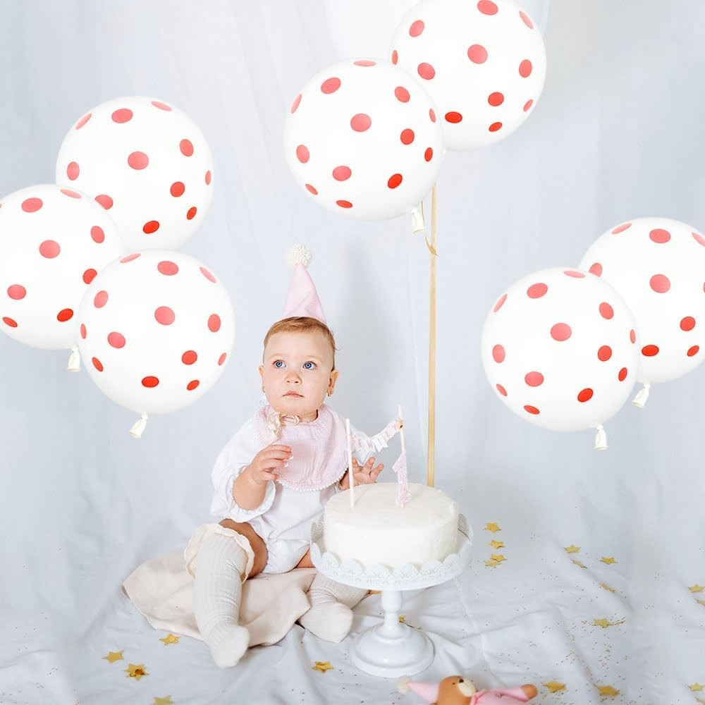 Set 10 Baloane din Latex cu Buline, Decoratiuni Petrecere, Compatibile Aer sau Heliu, Biodegradabile, 30 cm, Alb si Rosu