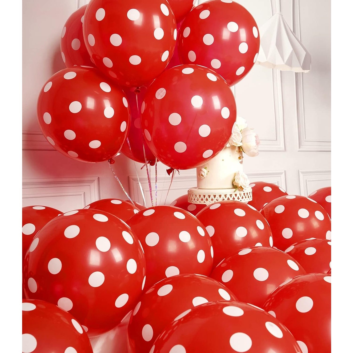 Set 10 Baloane din Latex cu Buline, Decoratiuni Petrecere, Compatibile Aer sau Heliu, Biodegradabile, 30 cm, Alb si Rosu