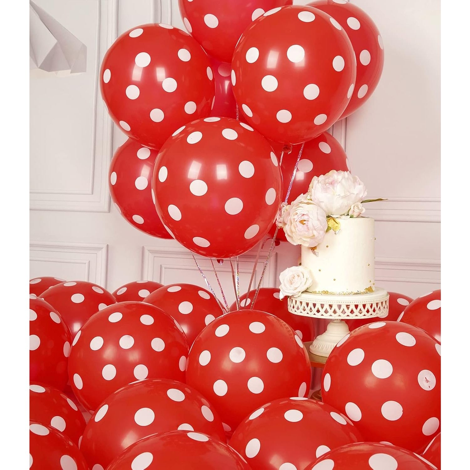 Set 10 Baloane din Latex cu Buline, Decoratiuni Petrecere, Compatibile Aer sau Heliu, Biodegradabile, 30 cm, Alb si Rosu