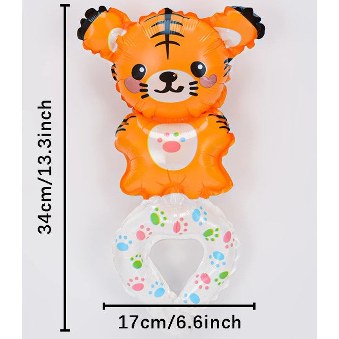Balon din Folie Metalizata Tip Bratara, Figurina Animalut Model Tigru, Umflare Aer sau Heliu, Pai Inclus, 17x34 cm, Maro
