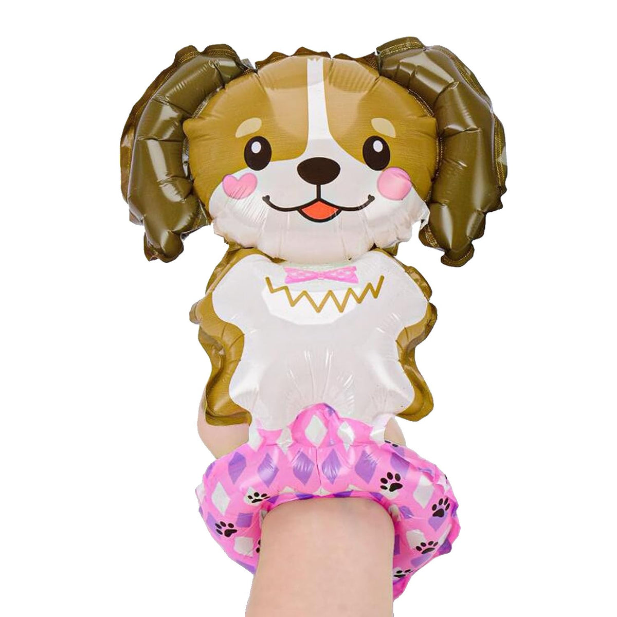 Balon din Folie Metalizata, Model Catel Tip Bratara, Figurina Animale pentru Copii, Accesorii Petrecere, Umflare Aer sau Heliu, 13 x 35 cm, Maro