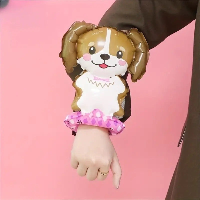 Balon din Folie Metalizata, Model Catel Tip Bratara, Figurina Animale pentru Copii, Accesorii Petrecere, Umflare Aer sau Heliu, 13 x 35 cm, Maro