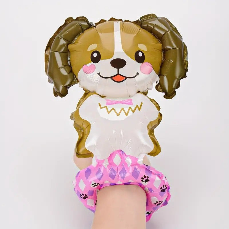 Balon din Folie Metalizata, Model Catel Tip Bratara, Figurina Animale pentru Copii, Accesorii Petrecere, Umflare Aer sau Heliu, 13 x 35 cm, Maro