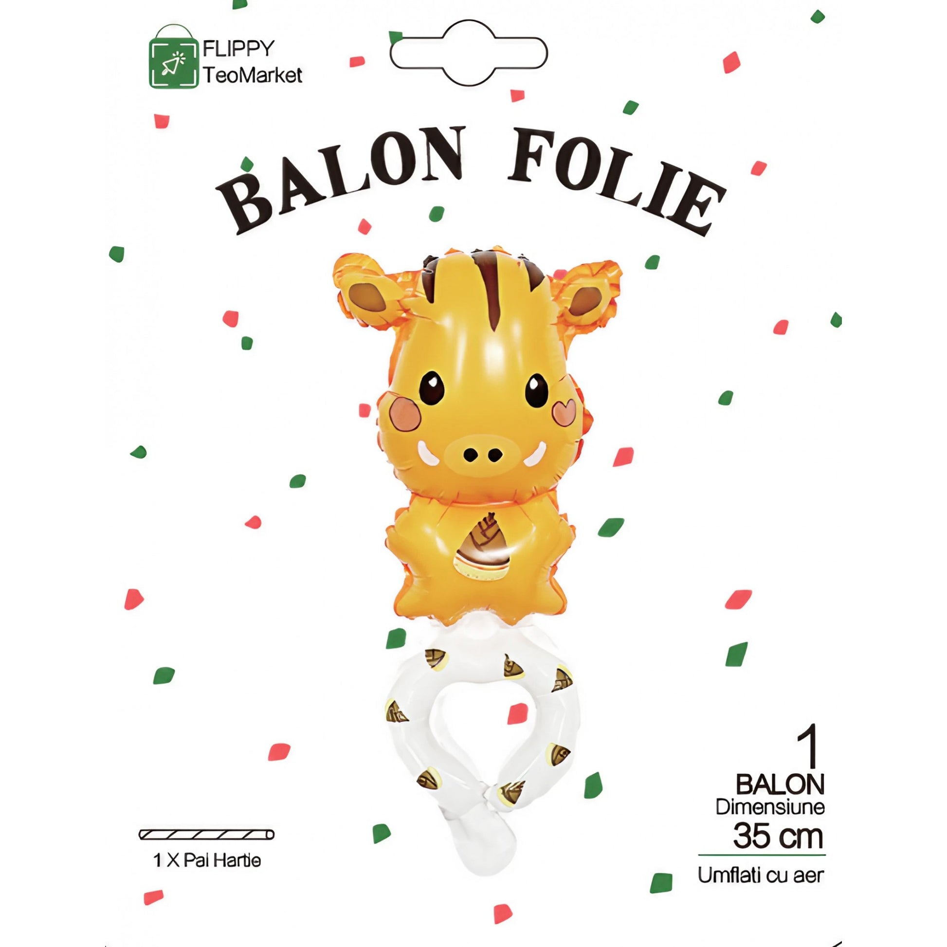 Balon din Folie Metalizata Tip Bratara, Figurina Animalut Model Girafa, Umflare Aer sau Heliu, Include Pai, Maro, 13 x 35 cm