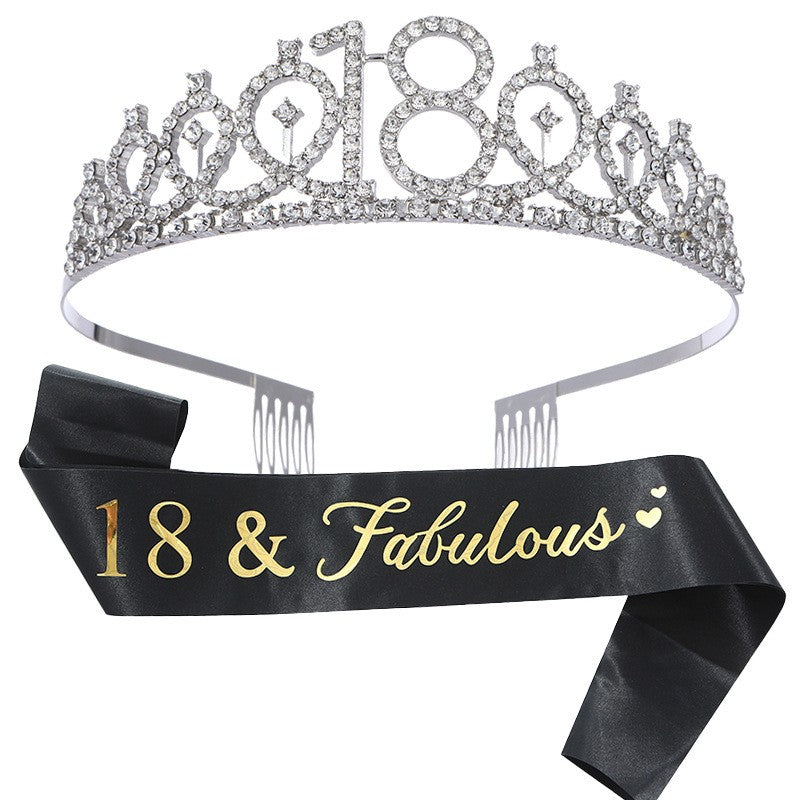 Set Accesorii Majorat cu Coronita Printesa Argintie si Panglica 18 & Fabulous, Aliaj si Poliester, 15 x 13 x 5 cm, Negru si Argintiu, 2 Piese