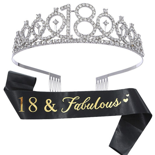 Set Accesorii Majorat cu Coronita Printesa Argintie si Panglica 18 & Fabulous, Aliaj si Poliester, 15 x 13 x 5 cm, Negru si Argintiu, 2 Piese