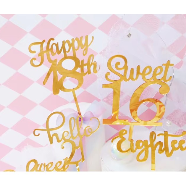 Topper Tort Happy 18th, Decoratiune Aniversare Majorat, Model Elegant din Material Durabil, Auriu, 10 cm