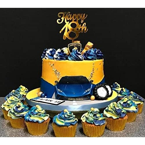 Topper Tort Happy 18th, Decoratiune Aniversare Majorat, Model Elegant din Material Durabil, Auriu, 10 cm