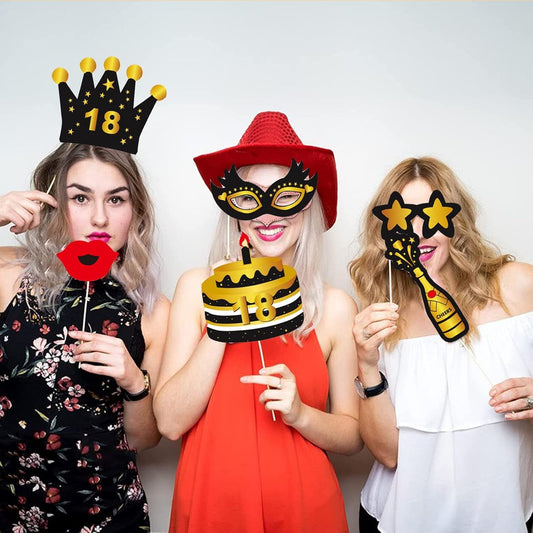 Set Accesorii Poze Majorat, Props Petrecere Aniversare 18 Ani, Set Photo Booth cu Coroană, Panouri Decorative și Măști Amuzante, Multicolor