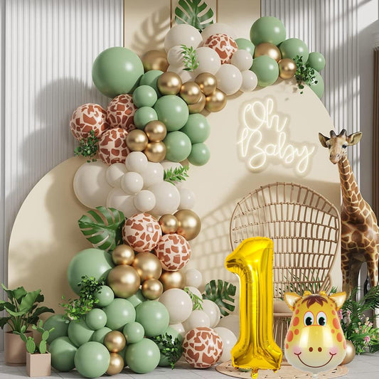 Set 30 Baloane Petrecere Prima Aniversare, Tematica Girafa si Palmier, Baloane Latex si Folie Aluminiu, Cifra 1 de 76 cm, Figurina Girafa, Accesorii Decor, Multicolor