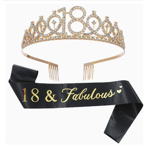 Set Accesorii Majorat cu Coronita Aurie de Printesa si Panglica 18 & Fabulous, Aliaj si Poliester, 15 x 13 x 5 cm, Negru si Auriu, 2 Piese