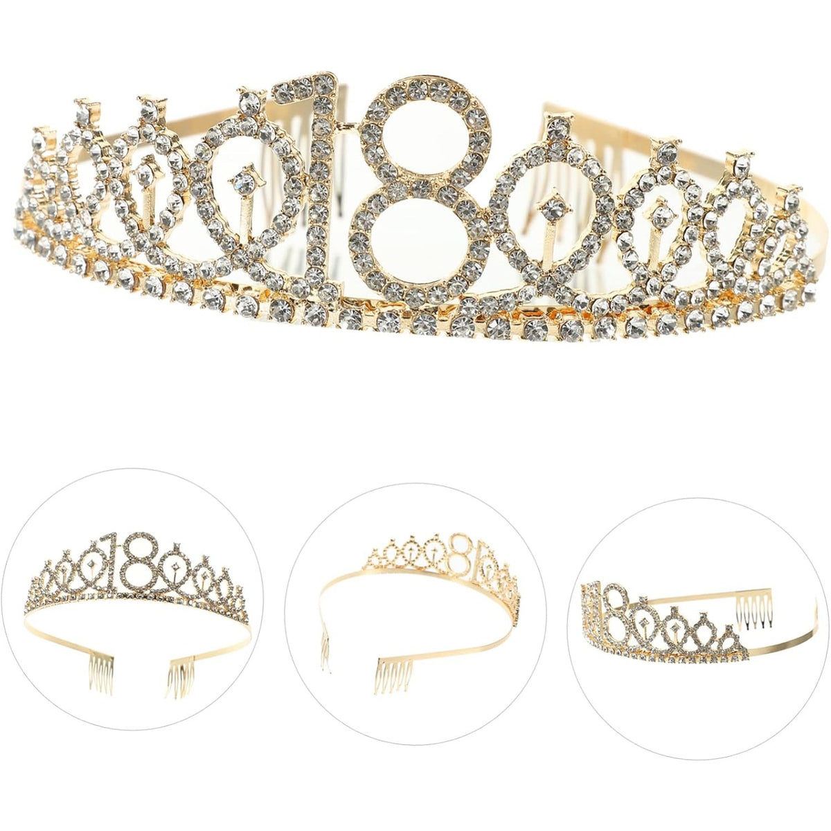 Set Accesorii Majorat cu Coronita Aurie de Printesa si Panglica 18 & Fabulous, Aliaj si Poliester, 15 x 13 x 5 cm, Negru si Auriu, 2 Piese