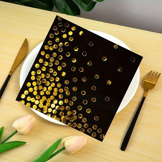 Set 20 Șervețele de Masă Festive, Design Elegant cu Buline Aurii, Hârtie Absorbantă de Calitate, Decor Masă Evenimente, Negru, 17 x 17 cm Pliate