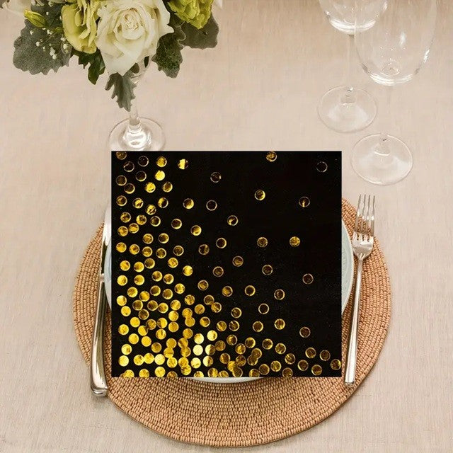 Set 20 Șervețele de Masă Festive, Design Elegant cu Buline Aurii, Hârtie Absorbantă de Calitate, Decor Masă Evenimente, Negru, 17 x 17 cm Pliate