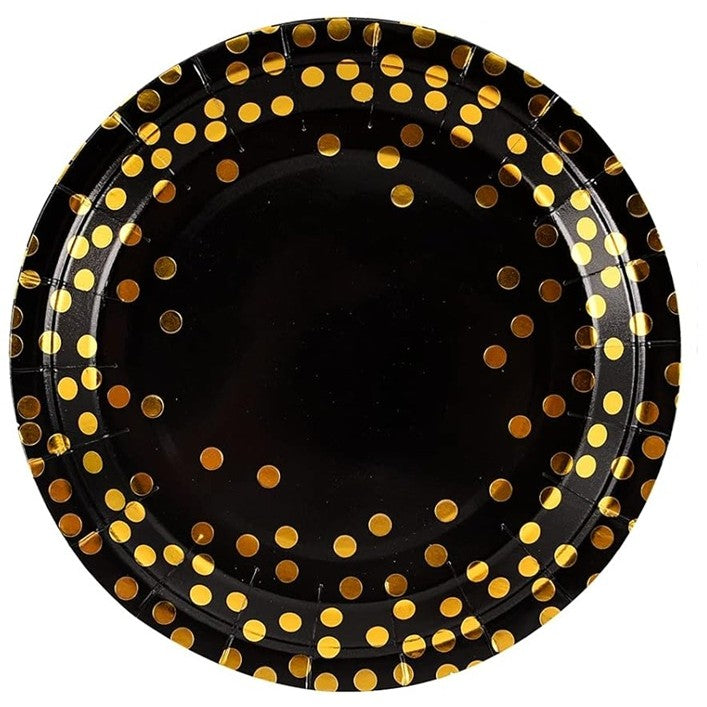 Set 10 Farfurii Unica Folosinta pentru Party, Imprimeu Elegant cu Buline, Carton si Plastic, Diametru 23 cm, Negru/Auriu