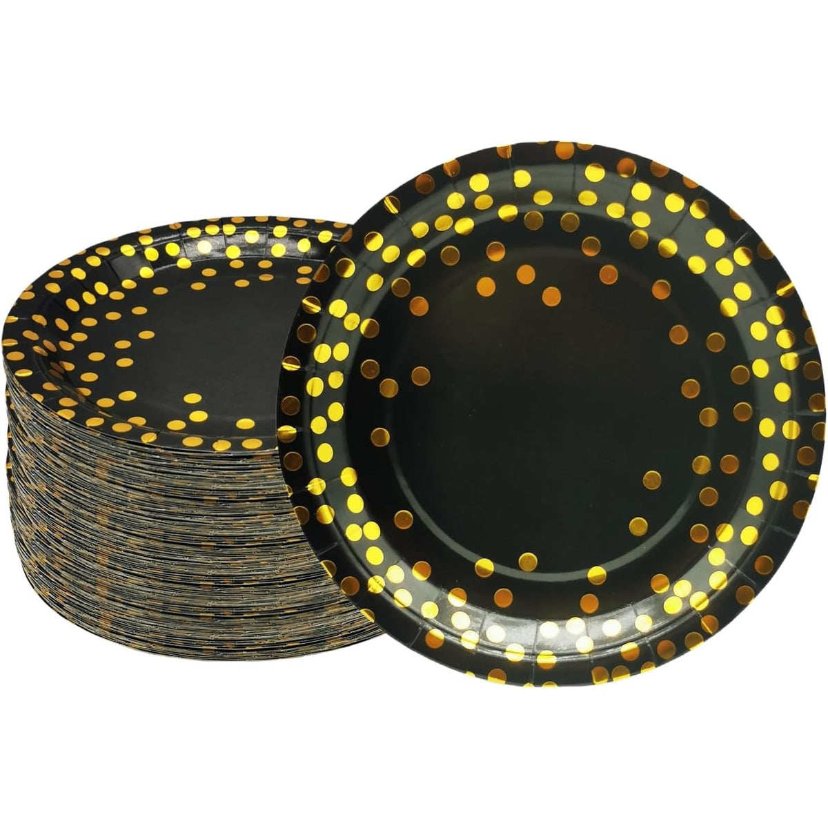 Set 10 Farfurii Unica Folosinta pentru Party, Imprimeu Elegant cu Buline, Carton si Plastic, Diametru 23 cm, Negru/Auriu