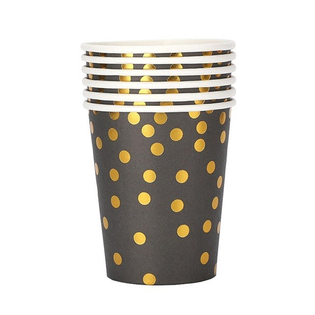 Set 10 Pahare Petrecere cu Imprimeu Buline, Pahare de Unica Folosinta pentru Aniversari, Carton Reciclabil, 250 ml, Negru/Auriu