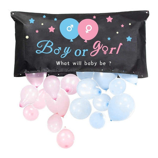 Set Gender Reveal, Sac Balloon Drop Bag pentru Dezvaluirea Genului, 24 Baloane Latex Roz si Albastru 13 cm, Plastic, Sac 60 x 120 cm, Multicolor