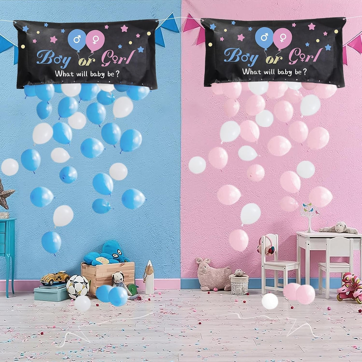 Set Gender Reveal, Sac Balloon Drop Bag pentru Dezvaluirea Genului, 24 Baloane Latex Roz si Albastru 13 cm, Plastic, Sac 60 x 120 cm, Multicolor