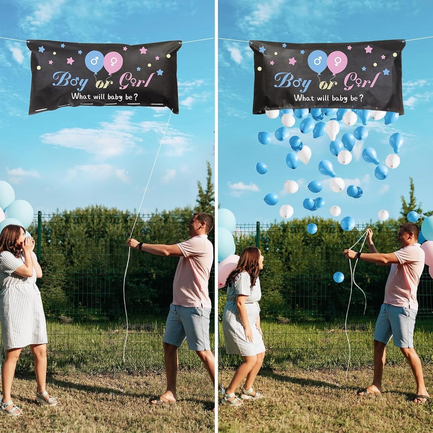 Set Gender Reveal, Sac Balloon Drop Bag pentru Dezvaluirea Genului, 24 Baloane Latex Roz si Albastru 13 cm, Plastic, Sac 60 x 120 cm, Multicolor