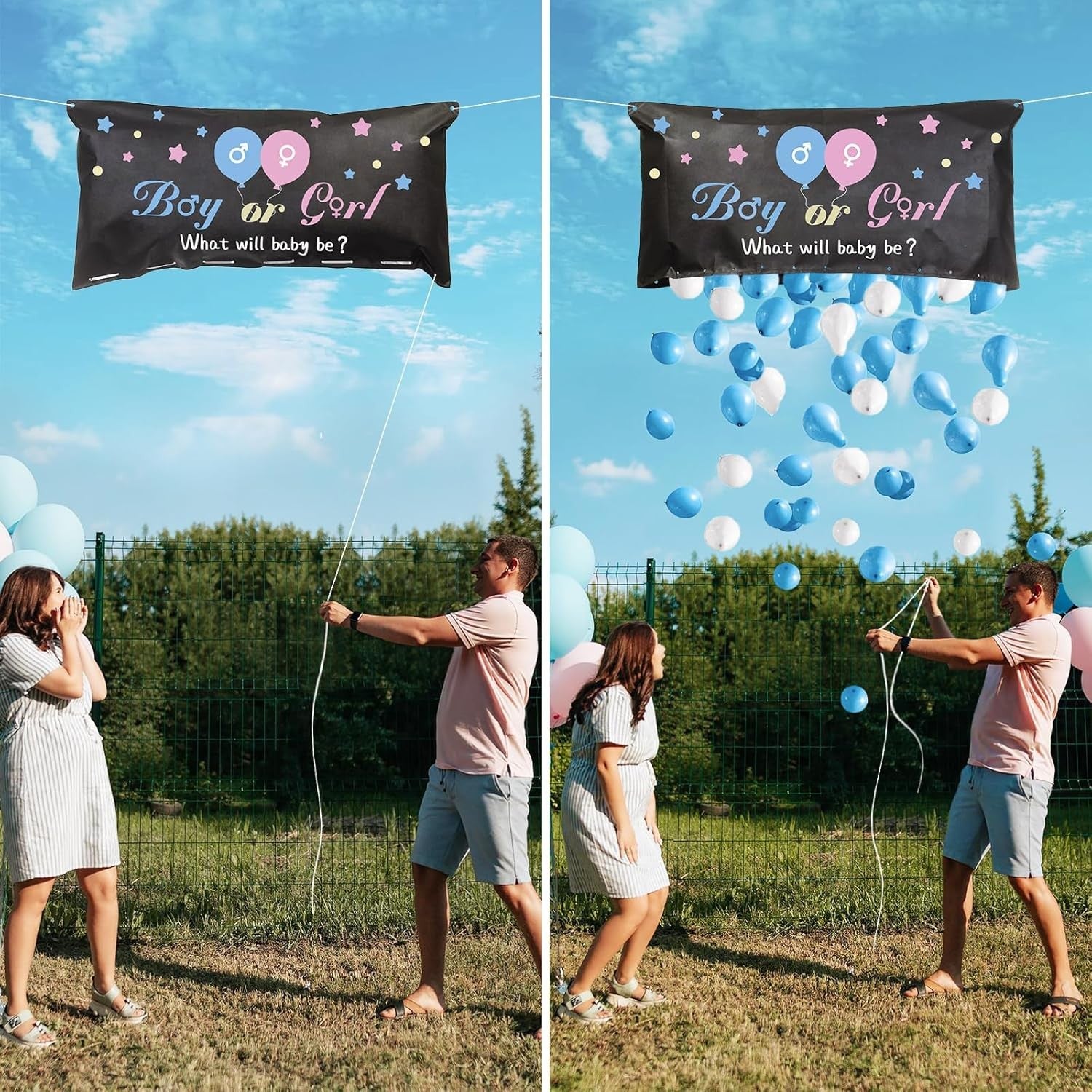 Set Gender Reveal, Sac Balloon Drop Bag pentru Dezvaluirea Genului, 24 Baloane Latex Roz si Albastru 13 cm, Plastic, Sac 60 x 120 cm, Multicolor