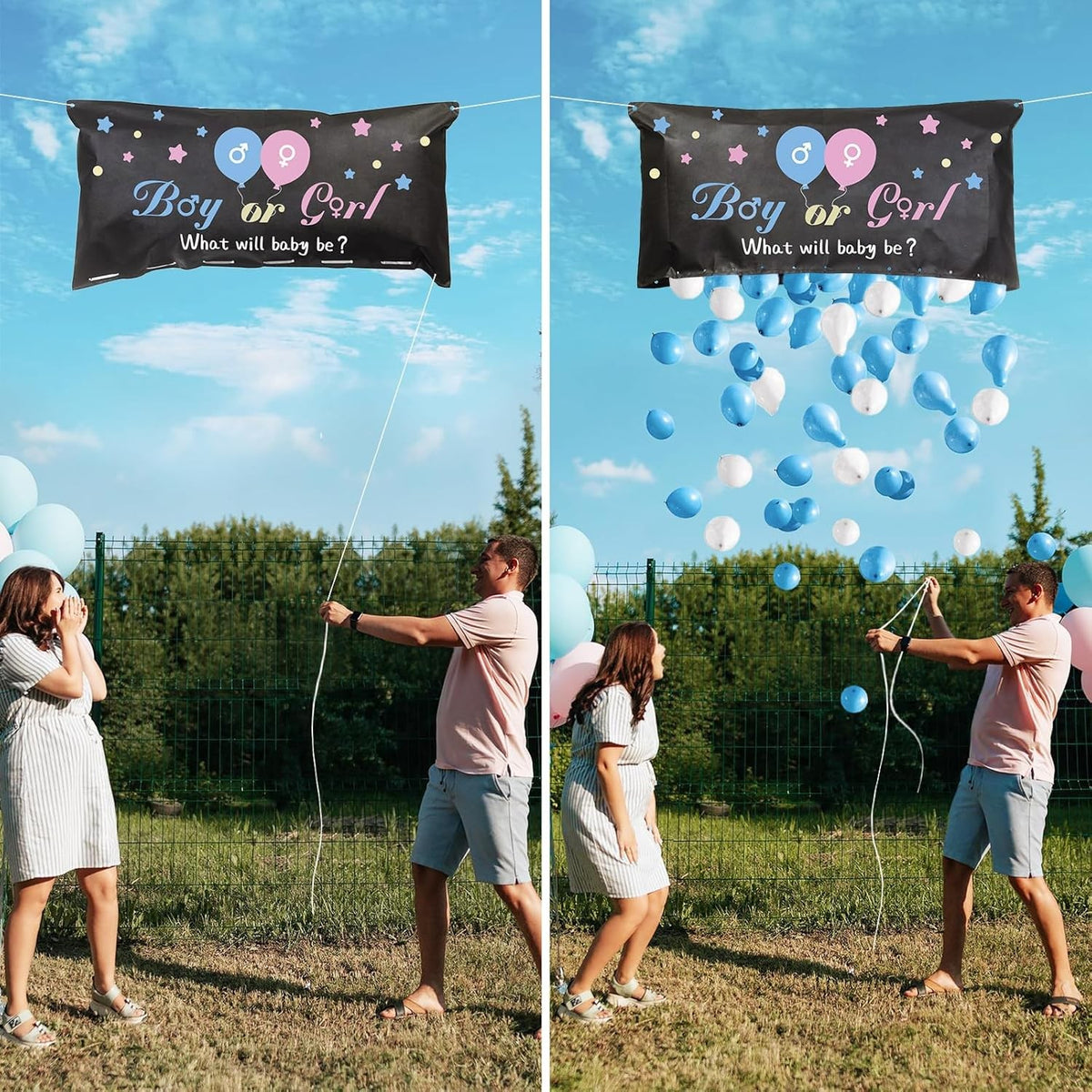 Set Gender Reveal, Sac Balloon Drop Bag pentru Dezvaluirea Genului, 24 Baloane Latex Roz si Albastru 13 cm, Plastic, Sac 60 x 120 cm, Multicolor