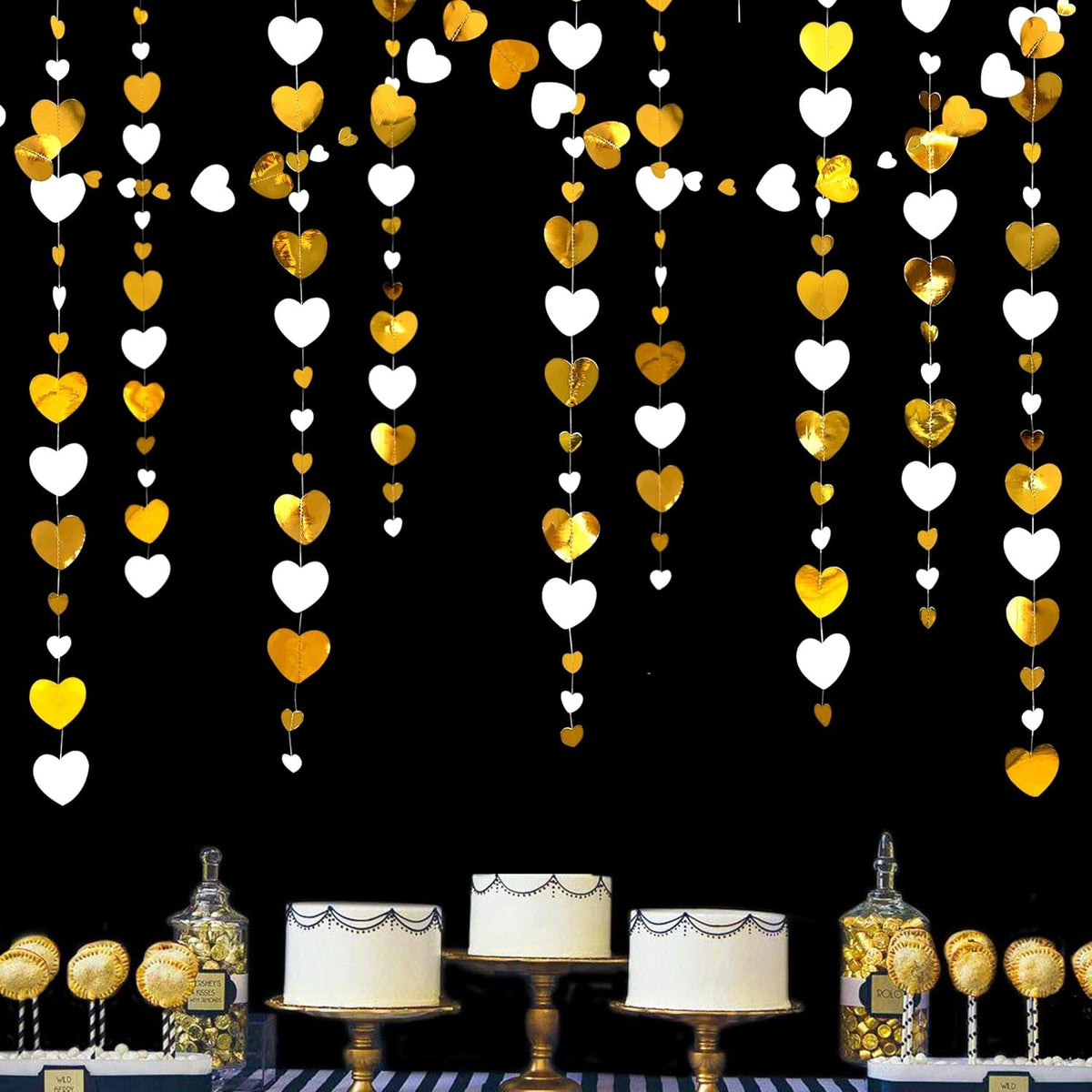 Ghirlanda Banner Cu Inimioare Tip Franjuri, Decoratiune Suspendata Petrecere, Efect Oglinda, Hartie, Lungime 4 m, Diametru 5 cm, Auriu si Alb