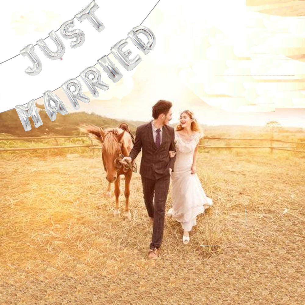 Set Baloane Just Married, Figurine Litere pentru Nunta, Folie de Aluminiu, Umflare Aer sau Heliu, Argintiu, 40 cm